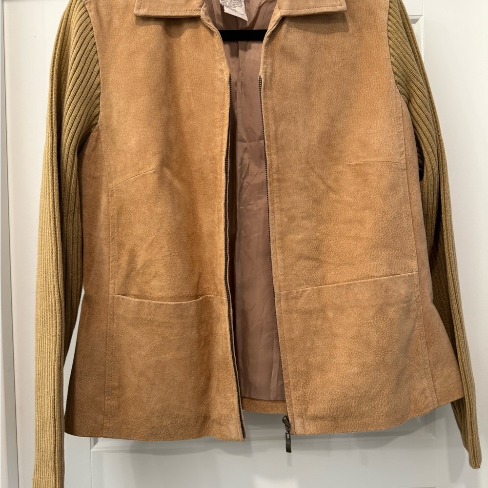 A.M.I. Ribbed Sleeves Collared Pockets Full Zip Suede Leather Jacket